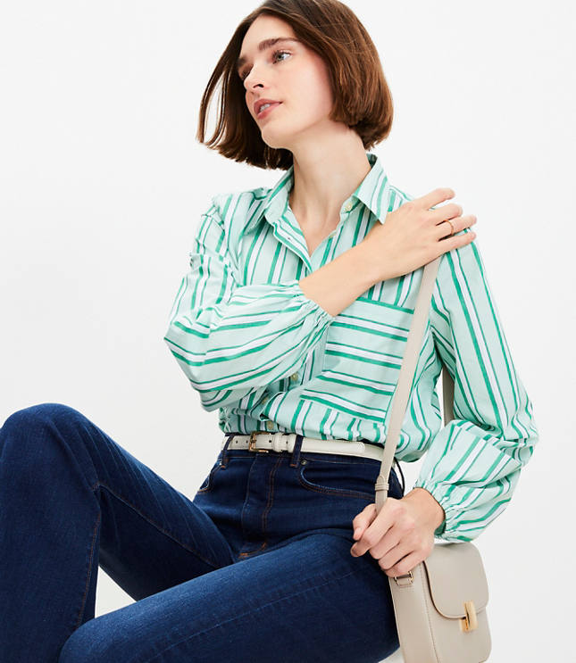 Striped Poplin Blouson Sleeve Pocket Shirt