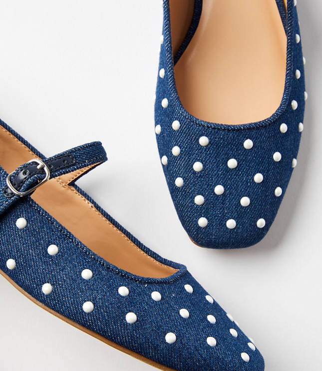 Pearlized Denim Buckle Strap Ballet Flats