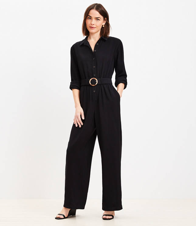 Petite Button Tab Belted Jumpsuit