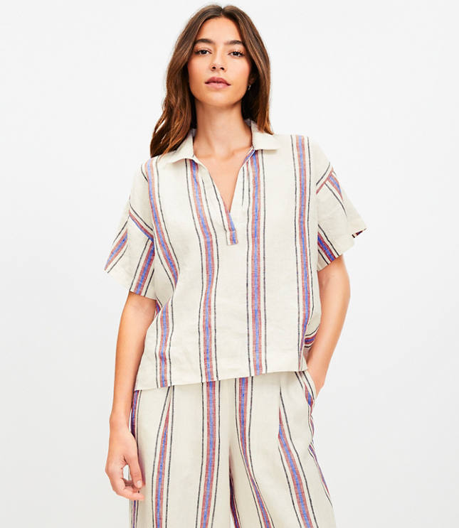 LOFT Beach Striped Linen Split Neck Top