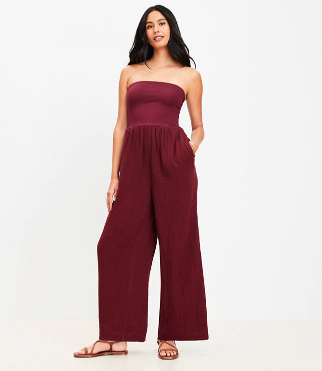 LOFT Beach Triple Cloth Mixed Media Strapless Jumpsuit