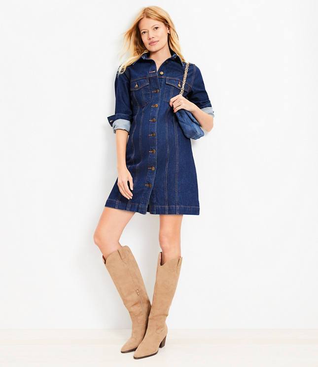 Petite Denim Mini Pocket Dress in Dark Rinse