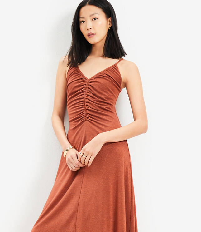 Shimmer Ruched Strappy Midi Dress
