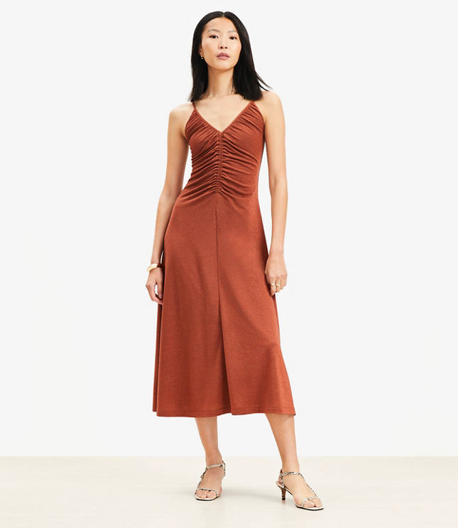 Shimmer Ruched Strappy Midi Dress