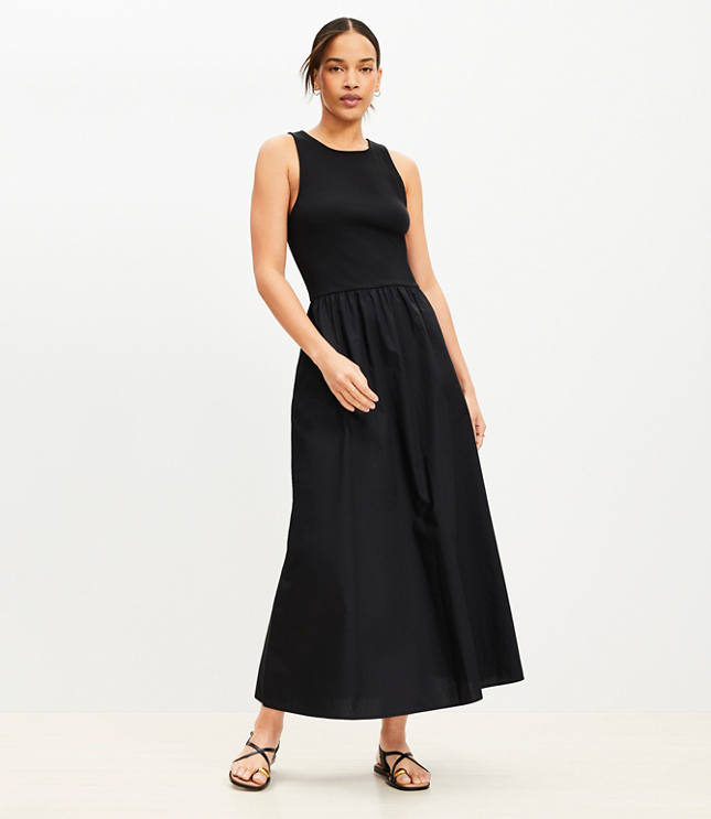 Petite Poplin Mixed Media Midi Pocket Dress