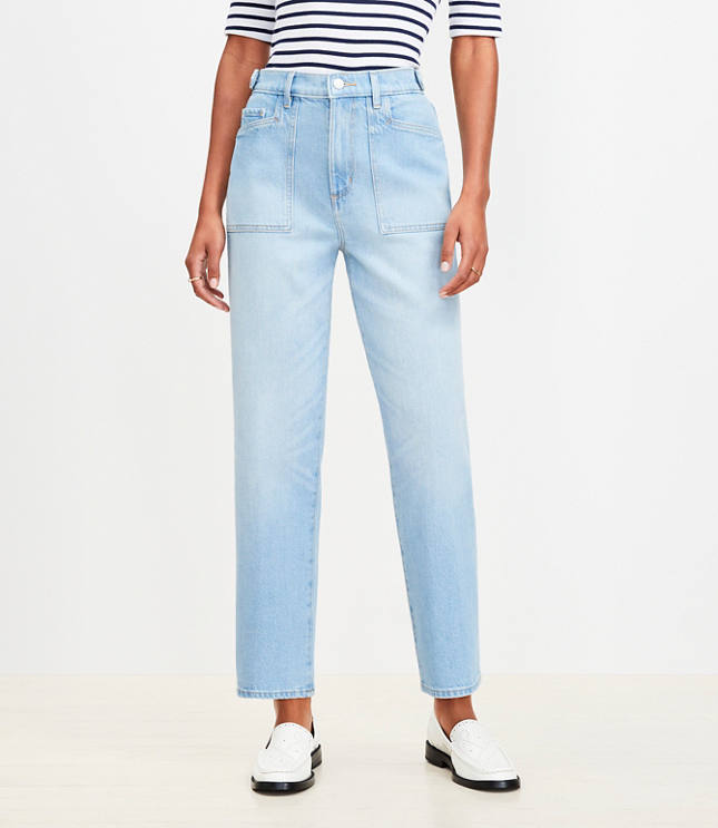 Curvy Tab Waist High Rise Straight Jeans in Bright Mid Indigo Wash