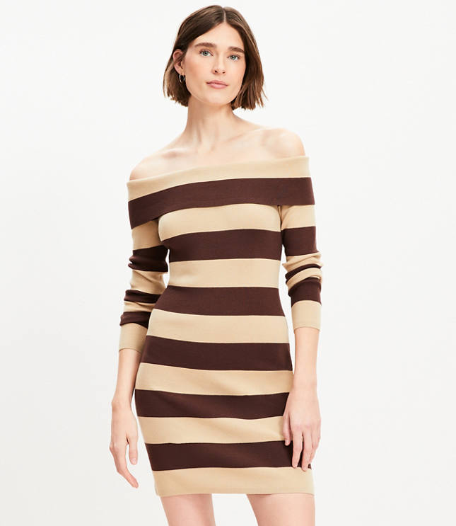 Stripe Ribbed Off The Shoulder Mini Sweater Dress