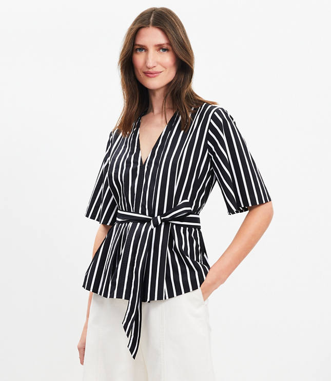 Striped Poplin Pleated Belted Top