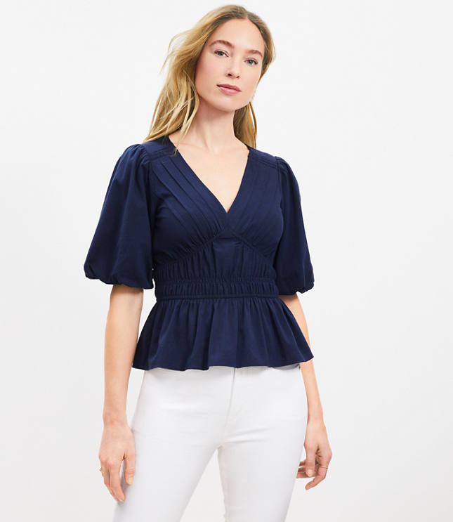 Pintucked V-Neck Peplum Blouse