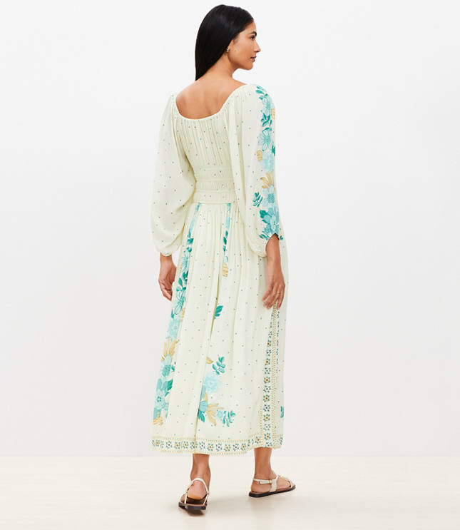 Border Floral Smocked Waist Midi Dress