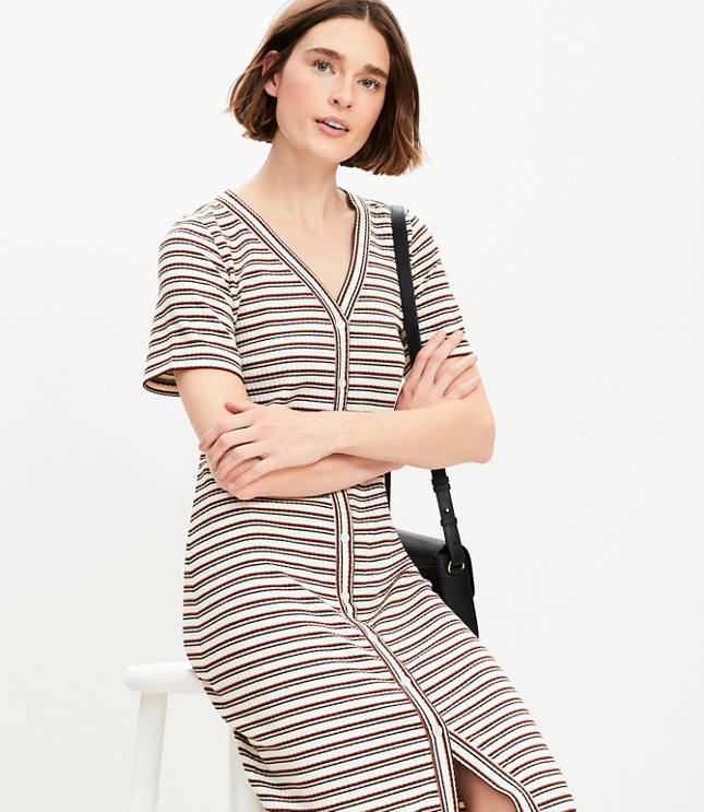 Stripe Ribbed V-Neck Midi Dress