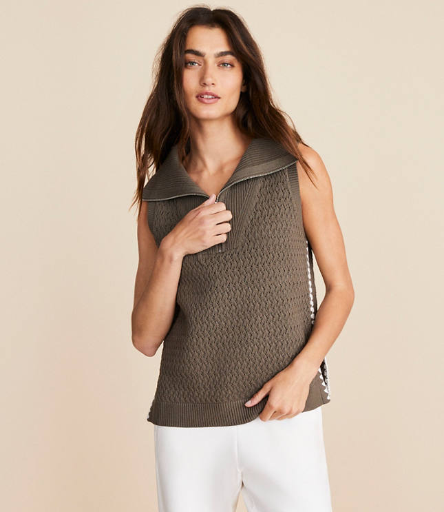 Lou & Grey Crochet Pointelle Half Zip Sweater Tank Top