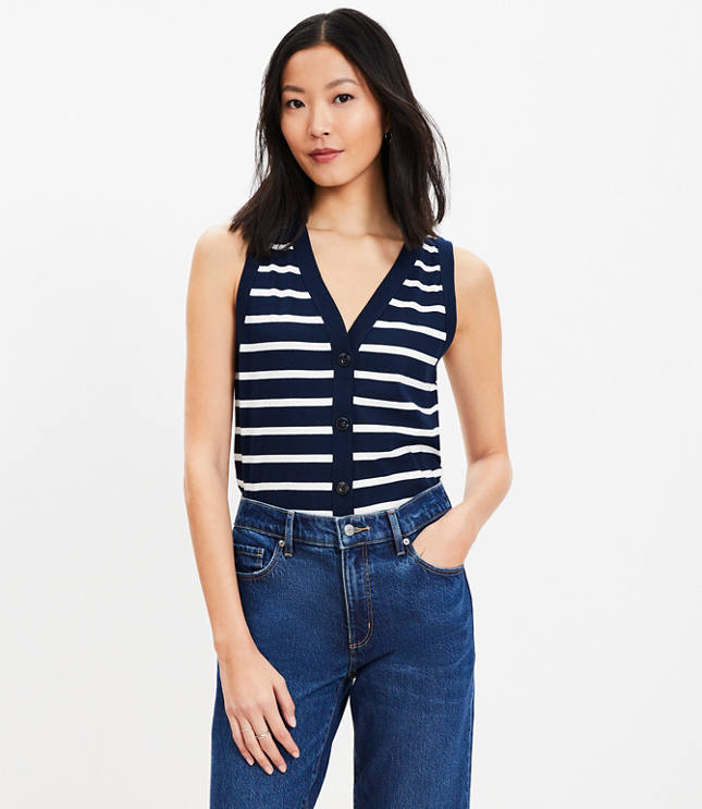 Petite Striped V-Neck Cardigan Tank Top