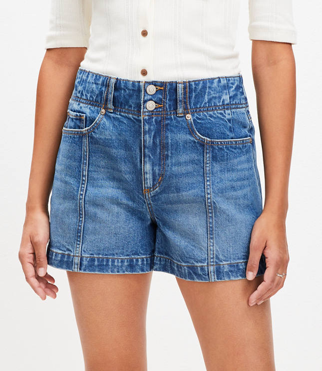 Petite Seamed High Rise Denim Shorts Bright Stone Wash