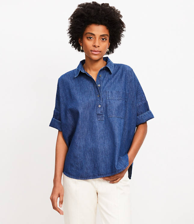 Petite Chambray Dolman Henley Shirt