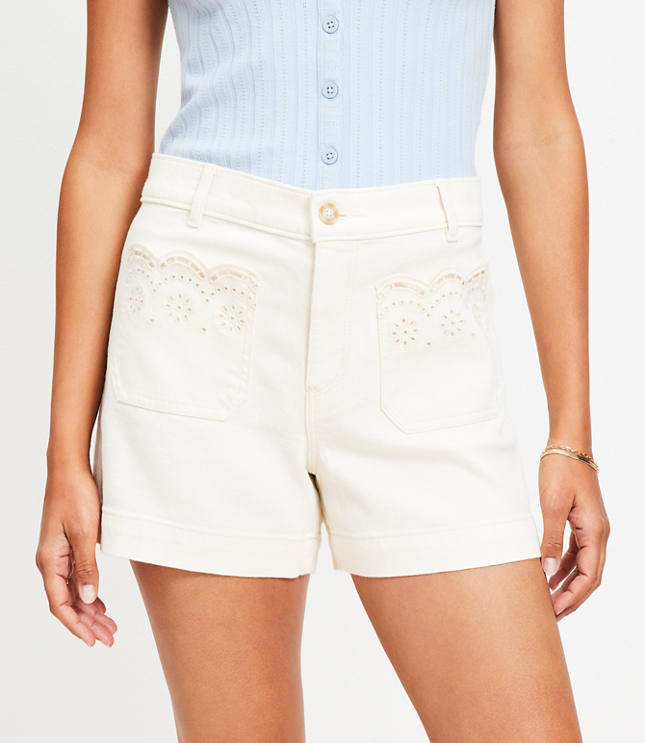 Petite Eyelet Pocket Palmer Denim Shorts in Ivory