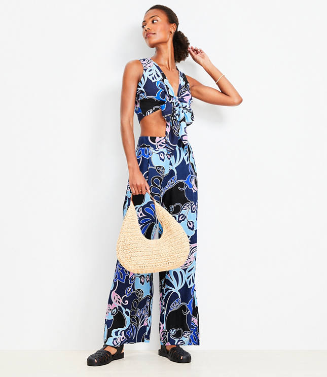 Loft Petite LOFT Beach Floral Linen Blend Wide Leg Pants