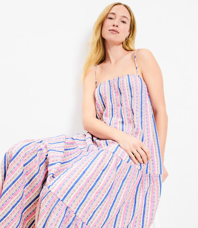 Petite LOFT Beach Dobby Stripe Square Neck Tiered Maxi Dress