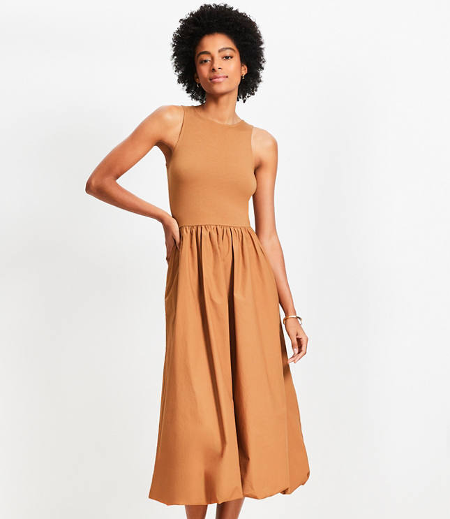 Loft Petite Poplin Bubble Mixed Media Midi Dress