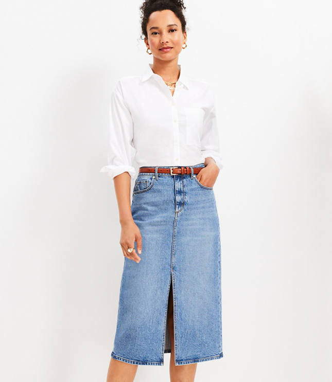 High Waist Denim Midi Skirt in Classic Mid Wash