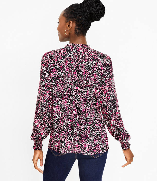 Floral Smocked Cuff Tie Neck Mixed Media Blouse