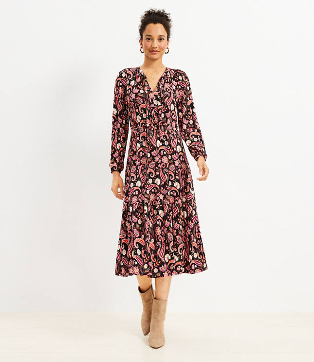 Paisley Tiered Tie Neck Midi Dress