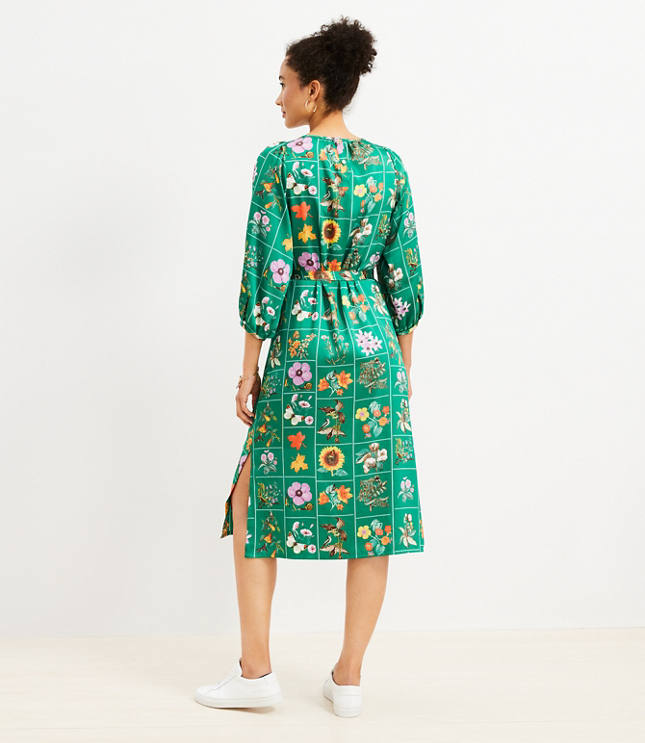 Black Floral 3/4 Puff Sleeve Belted Midi Shirt Dress