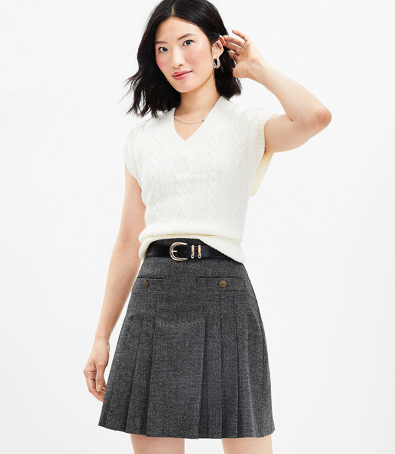 Houndstooth Brushed Flannel Pleated Pocket Skirt