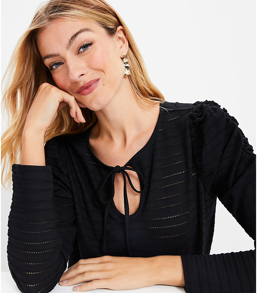 Jacquard Tie Keyhole Ruched Sleeve Top