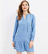 Chambray Tie Neck Flounce Swing Dress carousel Product Image 1