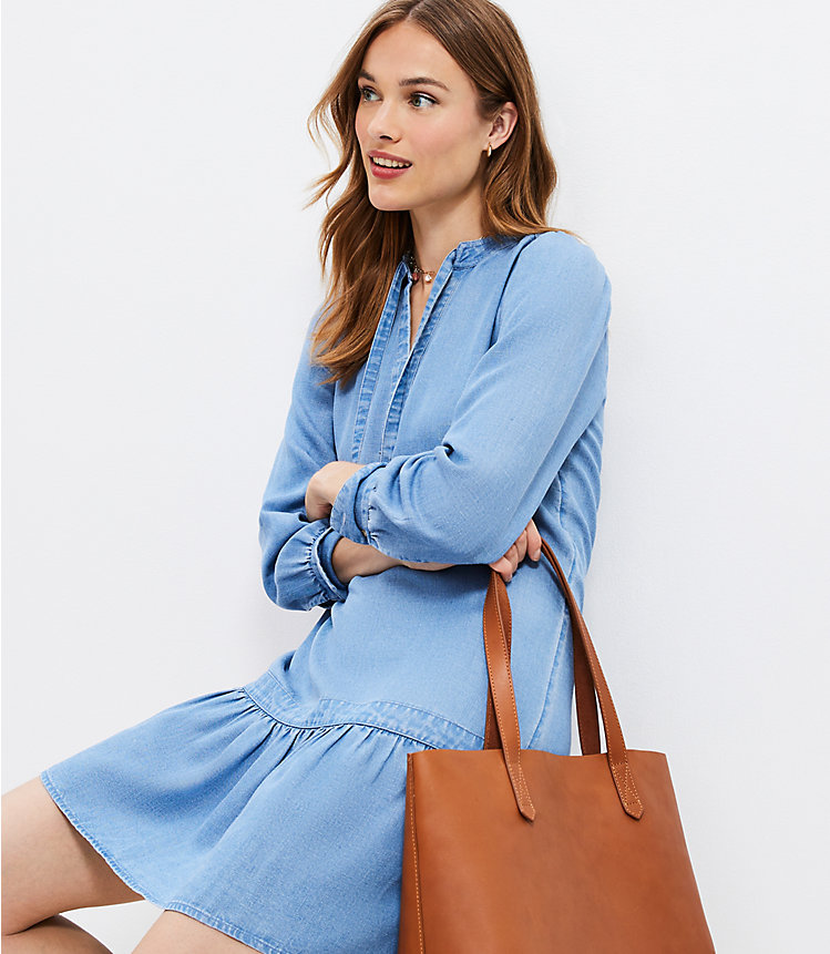 Chambray Tie Neck Flounce Swing Dress image number 1