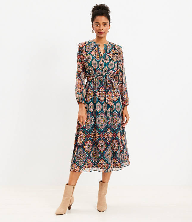 Tapestry Ruffle V-Neck Midi Dress