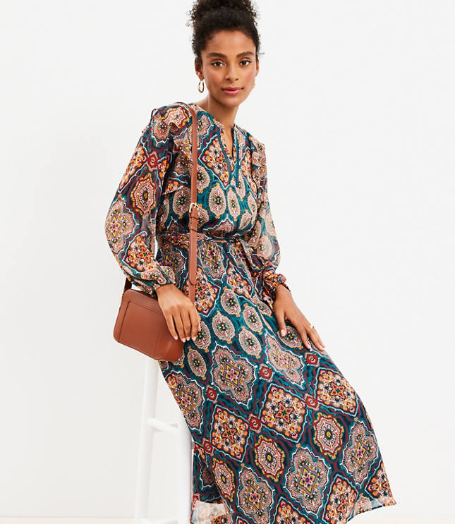 Tapestry Ruffle V-Neck Midi Dress