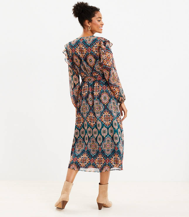 Tapestry Ruffle VNeck Midi Dress