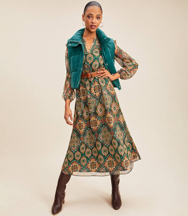 Tapestry Ruffle VNeck Midi Dress