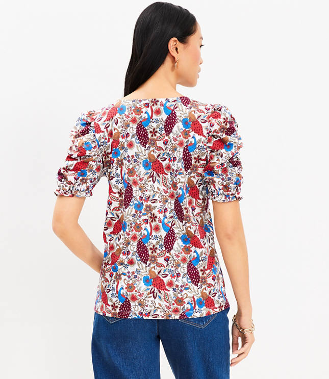 Peacock Ruffle Cinched Sleeve V-Neck Top