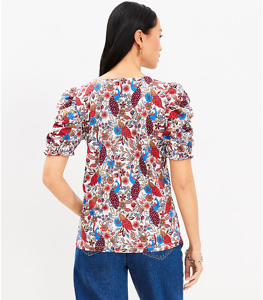 Peacock Ruffle Cinched Sleeve V-Neck Top