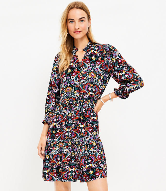 Border Floral Ruffle V-Neck Swing Dress