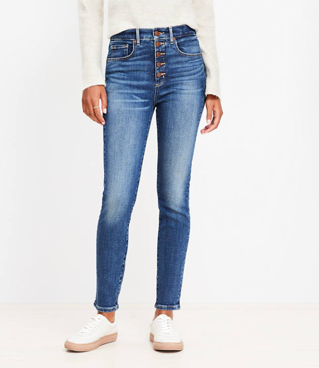 Button Front High Rise Skinny Jeans in Classic Mid Wash