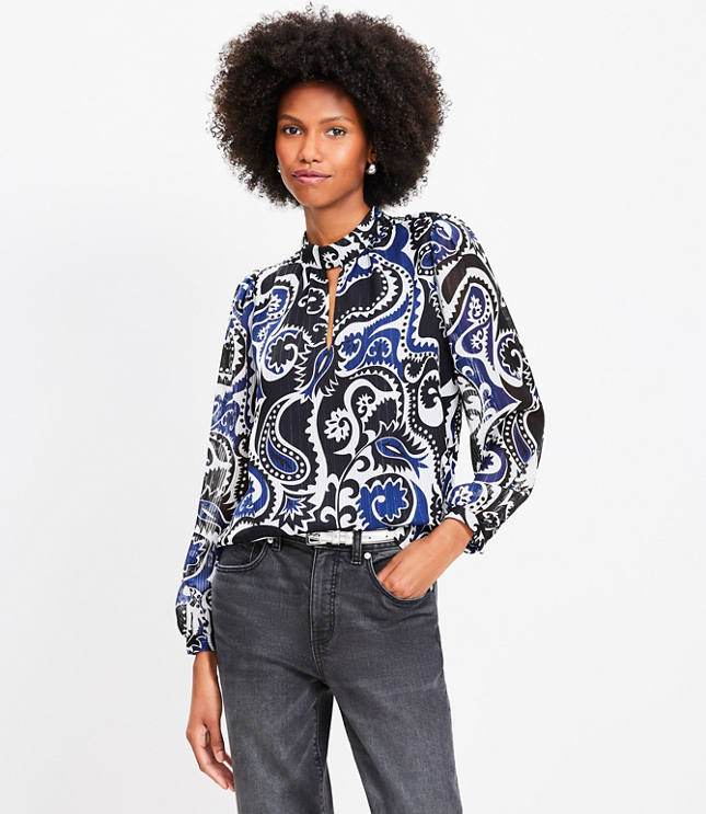 Shimmer Stripe Paisley Mock Neck Blouse