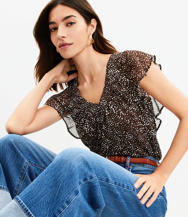 Petite Embroidered Collared Ruffle Henley Top