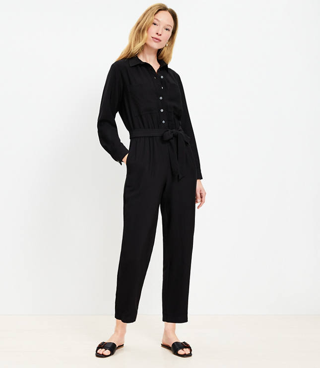 Striped Linen Blend Tie Front Jumpsuit