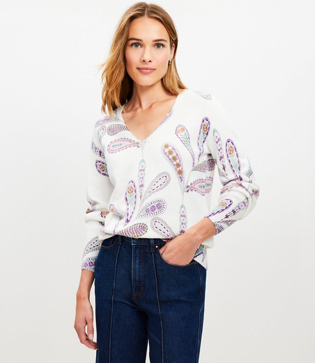 Paisley Raglan V-Neck Sweater