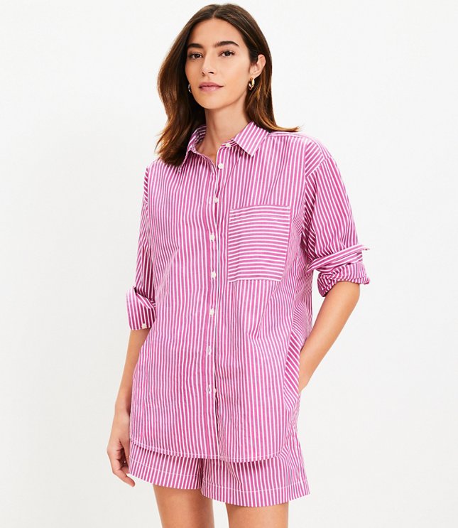 Petite Striped Poplin Oversized Pocket Shirt