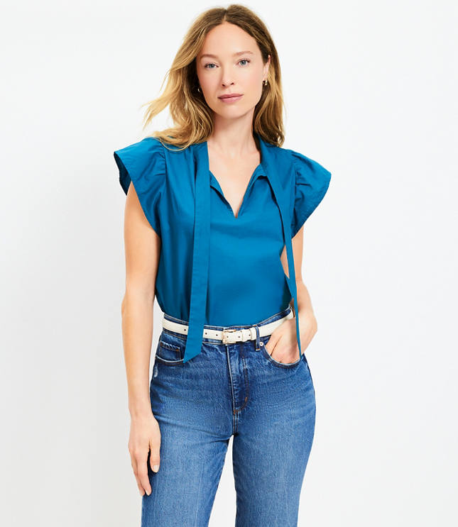 Petite Eyelet Split Neck Top