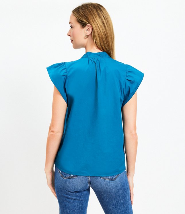 Petite Poplin Tie Neck Flutter Top