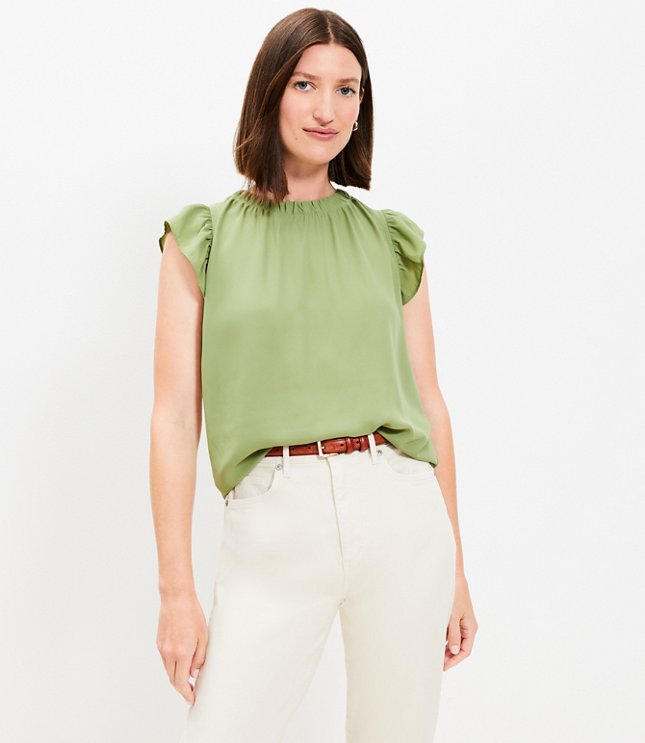 Cutout Yoke Flutter Sleeve Mixed Media Top