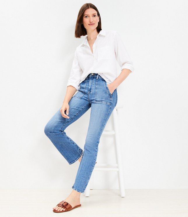 Petite High Rise Kick Crop Utility Jeans in Light Wash
