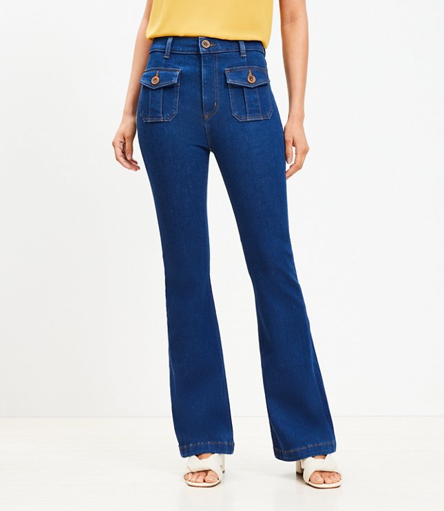 Petite High Rise Patch Pocket Slim Flare Jeans in Light Wash