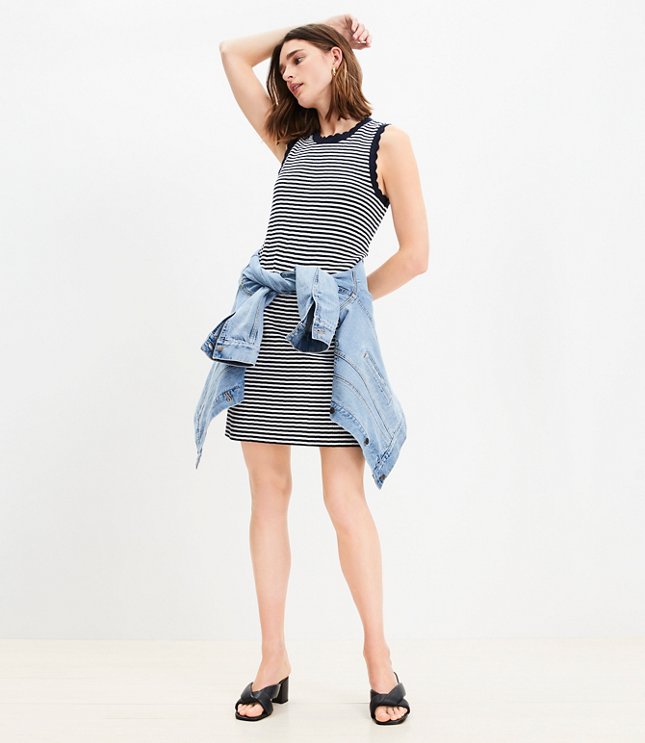 Petite Striped Scalloped Ribbed Mini Dress
